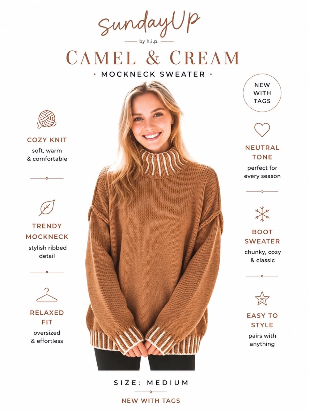 Sunday Up Camel and Cream mockneck Sweater size Medium Hand in Pocket NWT